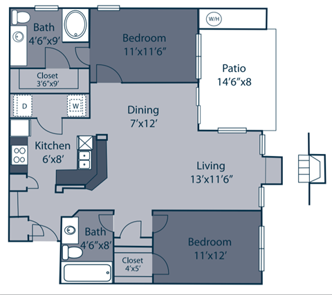 2 BDRM 2 BATH 1060 sqft (Partially Renovated Unit)