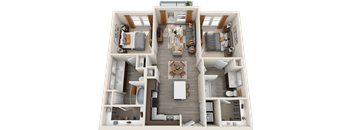 A 3D floor plan of a house showing a living room, kitchen, and two bedrooms.