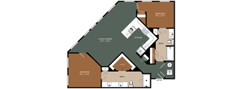 A floor plan of a house with a living area, kitchen, two bedrooms, a bath, and a closet.