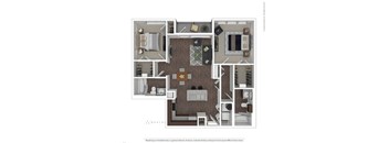 A floor plan of a house with a living room, dining room, kitchen, and two bedrooms.