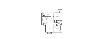 A floor plan of a house with two bedrooms, a living room, a dining room, a kitchen, a bathroom, a storage area, and a walk-in closet.