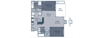 A floor plan of a house with a living room, dining room, kitchen, two bedrooms, a bathroom, and a closet.