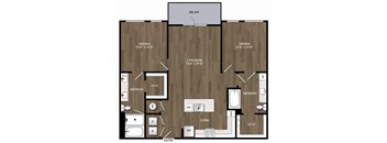A floor plan of a house with a relax area, two bedrooms, a living/dining area, a kitchen, a bathroom, a laundry area, a pantry, a dining room, a study, a hallway