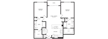 A black and white floor plan of a house with two bedrooms, a living area, a kitchen, a bathroom, and an entry.