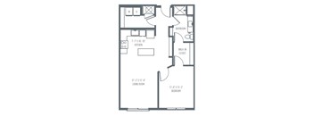 A floor plan of a house with a living room, kitchen, and two bedrooms.