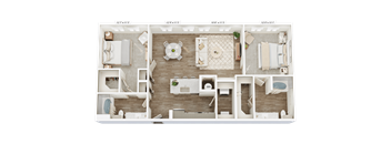 A 3D floor plan of a house layout.
