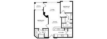 A black and white image of a house floor plan with a living room, two bedrooms, a bathroom, a kitchen, a pantry, and a closet.