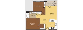A floor plan of a house with a balcony, two bedrooms, a study, a living room, a dining room, a kitchen, a bathroom, and a closet.
