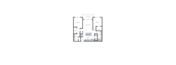 A floor plan of an apartment with two bedrooms, a living room, a kitchen, a bathroom, and a closet.