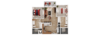 A top-down view of a house layout with a living room, kitchen, and bedrooms.