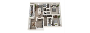 A floor plan of a house with a living room, kitchen, and two bedrooms.