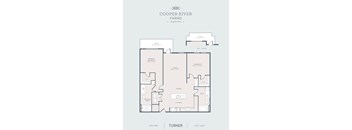A floor plan for a Cooper River Farms property shows a primary bedroom, bath, and living room on the first floor, and a secondary bedroom, bath, and kitchen on the second floor.