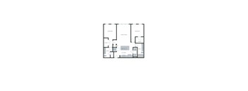 A floor plan of an apartment with two bedrooms, a living room, a bathroom, a kitchen, and two closets.