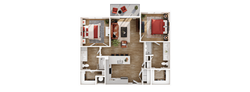 A top-down view of a house layout with a living room, kitchen, dining area, and bathroom.