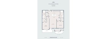 A floor plan for a property at Cooper River Farms shows a living area, two bathrooms, a kitchen, a dining area, and two bedrooms.