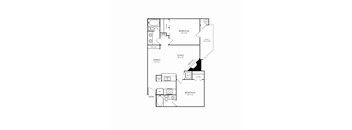 A floor plan of a small apartment with a living room, dining room, and two bedrooms.