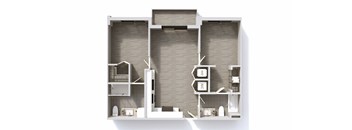 A diagram of a house layout with a kitchen, living room, and bathroom.