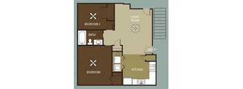 A floor plan of a home showing a living room, kitchen, two bedrooms, and a bathroom.
