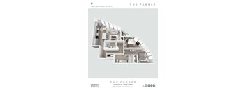 A floor plan of a one bedroom, one bathroom apartment at The Parker.