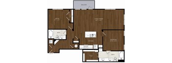 A floor plan of a house with a balcony, living room, kitchen, and two bathrooms.