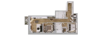 A floor plan of a house with a kitchen, living room, and two bedrooms.