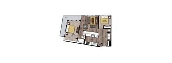 A floor plan of a house with a living room, dining room, kitchen, and bathroom.