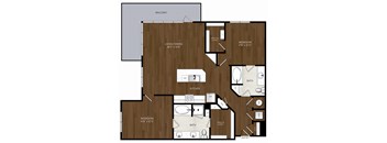 A floor plan of a home with a living area, two bedrooms, a kitchen, a bathroom, and an entry.