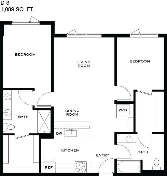 A black and white image of a D-3 apartment layout with 1,089 square feet.