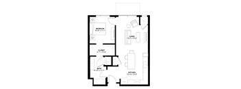 A floor plan of a house with a bedroom, living room, kitchen, bathroom, and closet.
