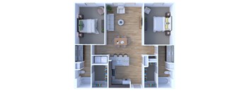 A top-down view of a small apartment with a kitchen, living room, and bedroom.