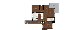 A floor plan of a house with a balcony, two bathrooms, a kitchen, and two bedrooms.
