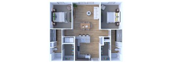 A top-down view of a small apartment with a living room, kitchen, and bathroom.
