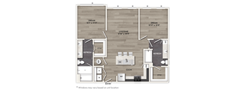 A floor plan of a house with a living room, two bedrooms, a bathroom, a kitchen, and an entry.