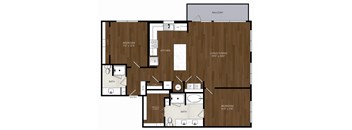 A floor plan of a house with a balcony, two bedrooms, a living/dining area, a kitchen, a bathroom, a pan, a washing machine, a fridge, a wall-in closet, and