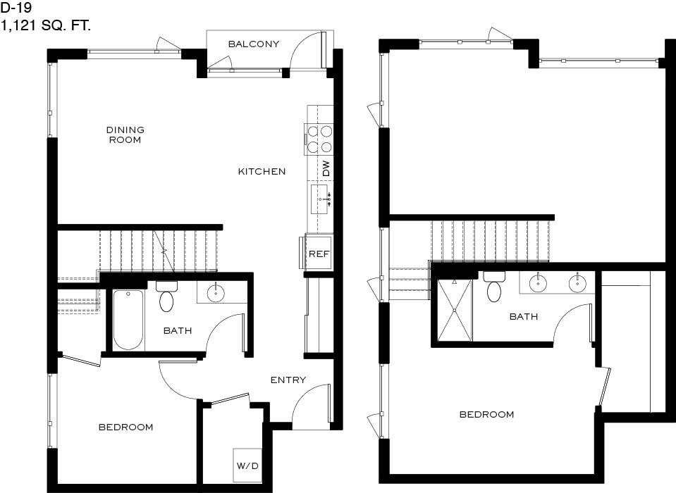 A black and white floor plan of a D-19 size apartment.