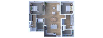 A top-down view of a small apartment with a living room, kitchen, and bathroom.