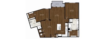 A floor plan of a house with a balcony, two bedrooms, a living area, a dining room, a kitchen, two bathrooms, and an entry.