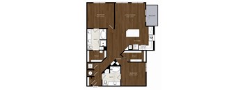 A floor plan of a house with two bedrooms, a living/dining area, a kitchen, a bath, and a walk-in closet.