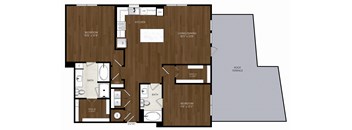 A floor plan of a house with a kitchen, living room, and two bedrooms.