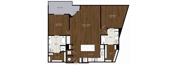A floor plan of a house with a balcony, two bathrooms, a kitchen, and a living/dining area.