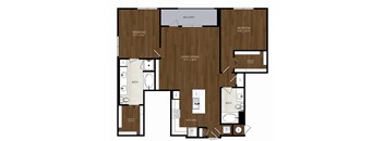 A floor plan of a house with two bedrooms, a living area, a kitchen, a bathroom, and a balcony.