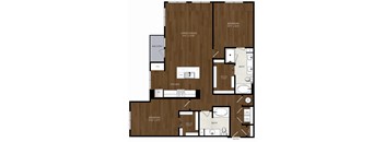 A floor plan of a house with two bedrooms, a living area, a kitchen, a bathroom, and a balcony.