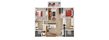 A top-down view of a modern apartment layout with a kitchen, living room, and bedrooms.