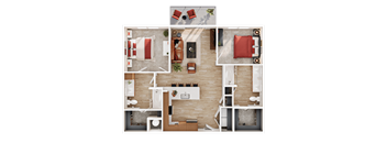 A top-down view of a modern apartment layout with a kitchen, living room, and bedroom.