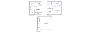 A floor plan of a three-story house with labeled rooms.