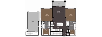 A floor plan of a house with a garage, two bedrooms, a living/dining area, a kitchen, a bathroom, and a laundry room.