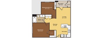 A floor plan of a house with a balcony, two bedrooms, a study, a living room, a dining room, a kitchen, a bathroom, and a cloakroom.