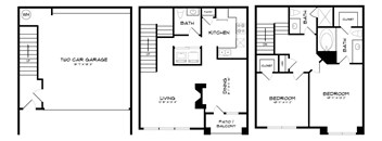 A floor plan of a house with two bedrooms, a living room, a kitchen, a bath, a two car garage, and a patio/balcony.
