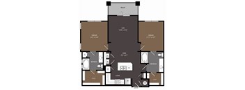 A floor plan of a house with a central living room, two bedrooms, a bathroom, and a kitchen.