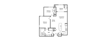 A floor plan of a small apartment with a living room, two bedrooms, a kitchen, and a bathroom.
